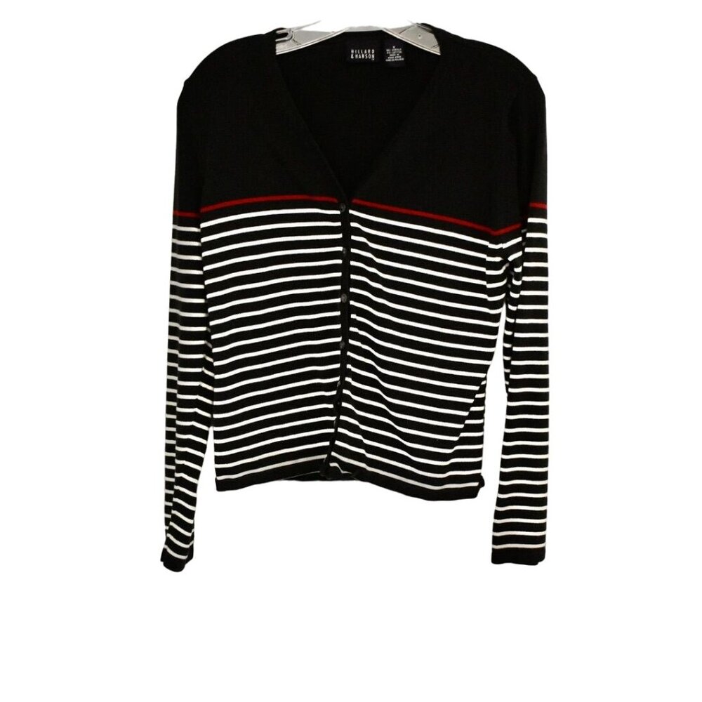 Vintage Women's Hillard & Hanson Black Whaite Red Striped Cardigan Sweater Size